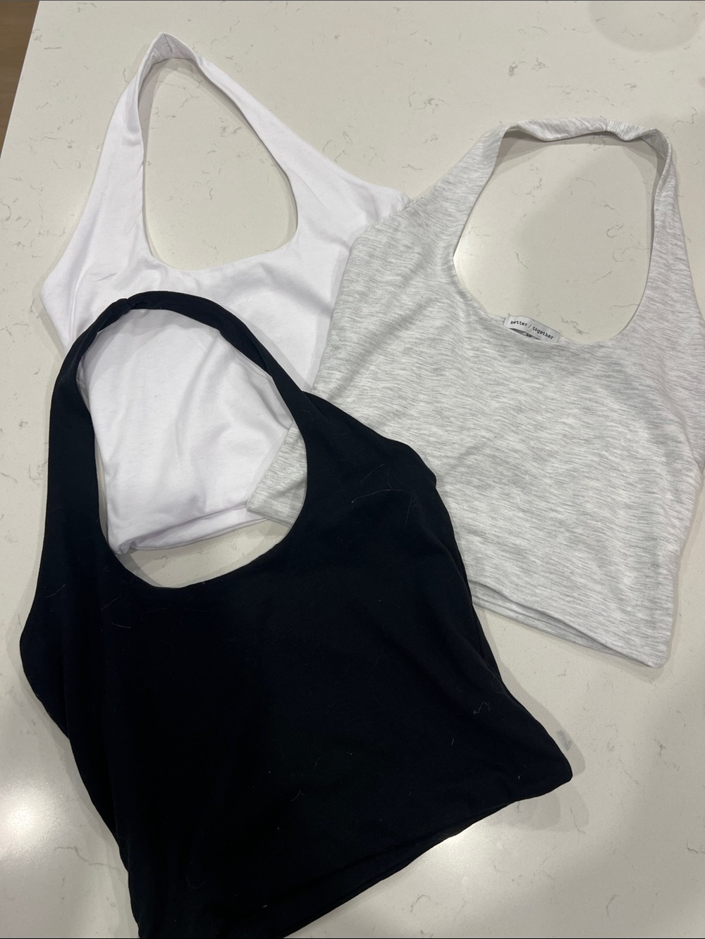 Scoop Neck Crop Halter Tank 3-Pack - Black, White & Heather Gray